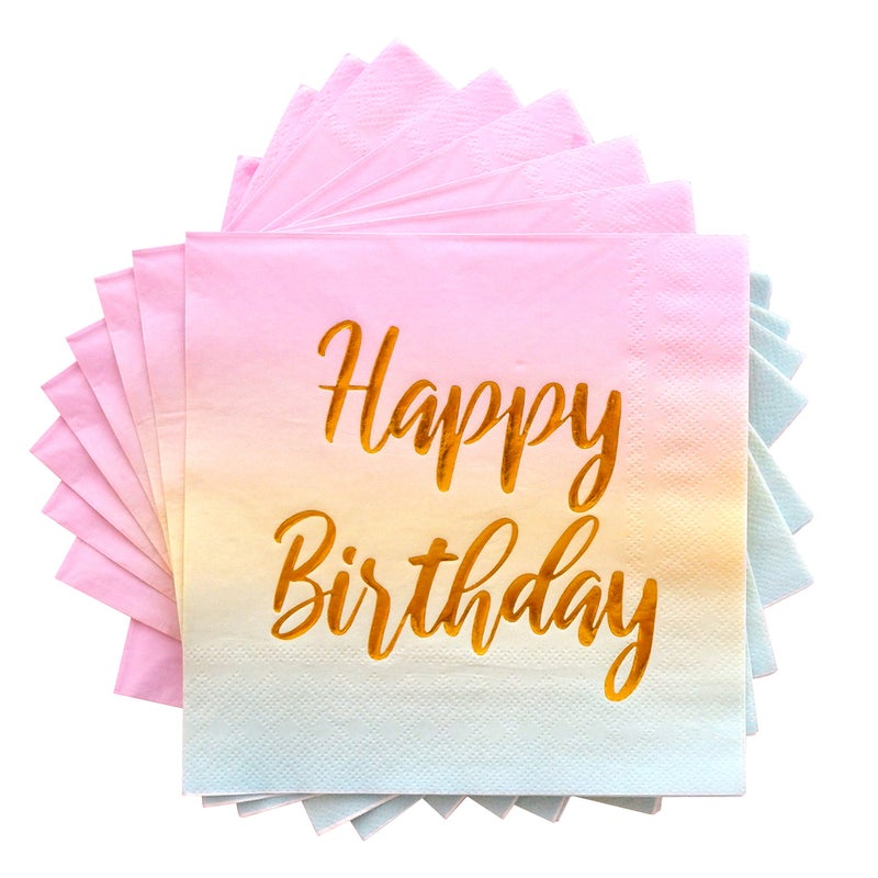 Partay Shenanigans Happy Birthday Napkins - 50 Pack Pastel Metallic Birthday Disposable Paper Napkins with Gold Foil Printing on Pink Yellow Blue Ombre Gradient for Cocktail Party Supplies - 6.5" x 6.5" inches - Image 1